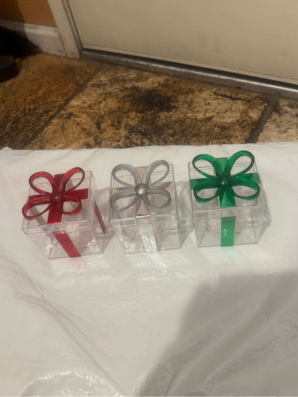 Clear Acrylic Gift Box with Decorative Bow - Red, Silver, Green